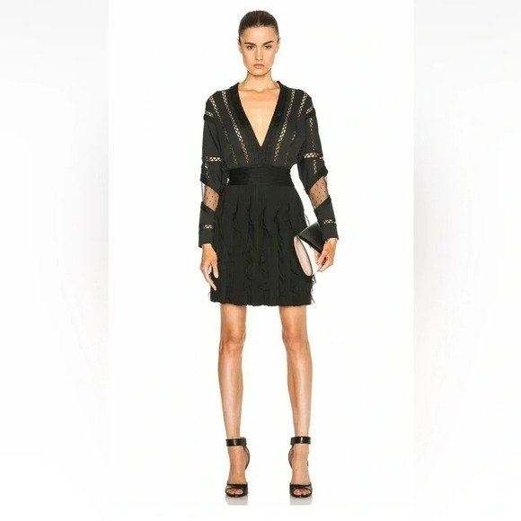 $3950 GIVENCHY BLACK SILK V NECK EYELET TRIM ACCORDION PLEATED SKIRT DRESS Sz M - Picture 1 of 7